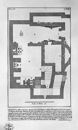 罗马古物，t. 2，图版八。L. Liberti和Arrunzio家族的墓室进入。 The Roman antiquities, t. 2, Plate VIII. Entry of the burial chamber of L. Liberti and Family Arrunzio. (1756; Italy                     )，乔瓦尼·巴蒂斯塔·皮拉内西