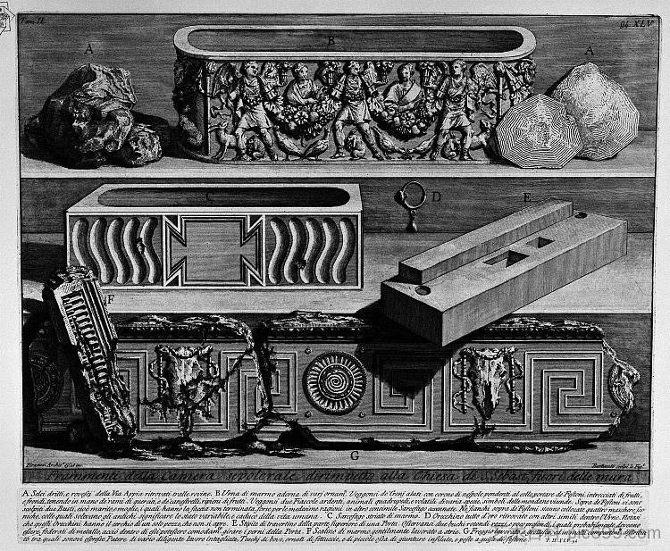 罗马古物，t. 2，图版 XLV。墙外圣塞巴斯蒂安教堂对面的墓室碎片（由巴尔博雕刻的人物）。 The Roman antiquities, t. 2, Plate XLV. Fragments of the burial chamber opposite the Church of St. Sebastian outside the walls (figures carved from Barbault).，乔瓦尼·巴蒂斯塔·皮拉内西