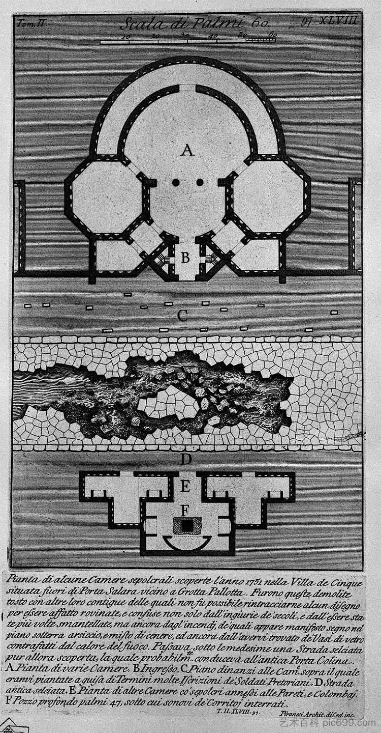 罗马古物,t. 2,图版 XLVIII。一些墓室的计划于1751年在位于Grotta Pallotta附近的Porta Salaria外的五个别墅中发现。 The Roman antiquities, t. 2, Plate XLVIII. Plan of some burial chambers discovered the year 1751 in the Villa of the five located outside Porta Salaria near Grotta Pallotta.,乔瓦尼·巴蒂斯塔·皮拉内西