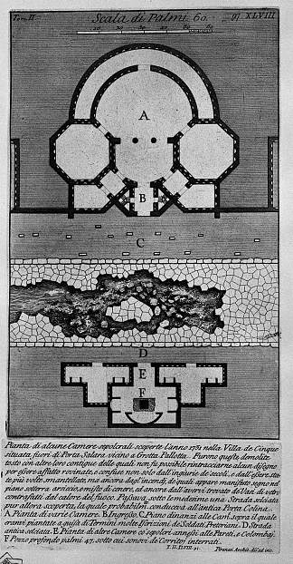 罗马古物，t. 2，图版 XLVIII。一些墓室的计划于1751年在位于Grotta Pallotta附近的Porta Salaria外的五个别墅中发现。 The Roman antiquities, t. 2, Plate XLVIII. Plan of some burial chambers discovered the year 1751 in the Villa of the five located outside Porta Salaria near Grotta Pallotta.，乔瓦尼·巴蒂斯塔·皮拉内西