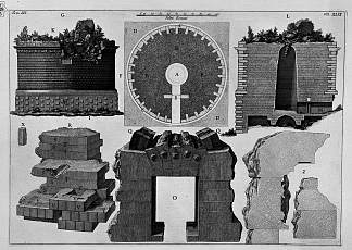 罗马古物，t. 3，板 L. 塞西莉亚·梅泰拉陵墓的计划和建造细节。 The Roman antiquities, t. 3, Plate L. Plan and construction details of the Mausoleum of Cecilia Metella.，乔瓦尼·巴蒂斯塔·皮拉内西