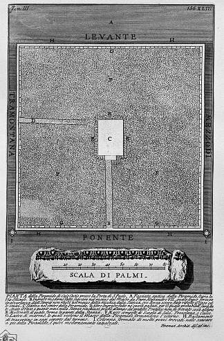 罗马古物，t. 3，图版四十四。圣保罗港的凯乌斯·塞斯提乌斯金字塔地图。 The Roman antiquities, t. 3, Plate XLIV. Pyramid of Caius Cestius map at the Port of St. Paolo.，乔瓦尼·巴蒂斯塔·皮拉内西
