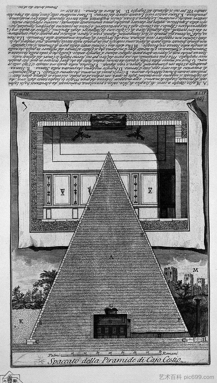 罗马古物，t. 3，图版 XLV。凯乌斯·塞斯提乌斯金字塔的横截面。 The Roman antiquities, t. 3, Plate XLV. Cross-section of the Pyramid of Caius Cestius.，乔瓦尼·巴蒂斯塔·皮拉内西