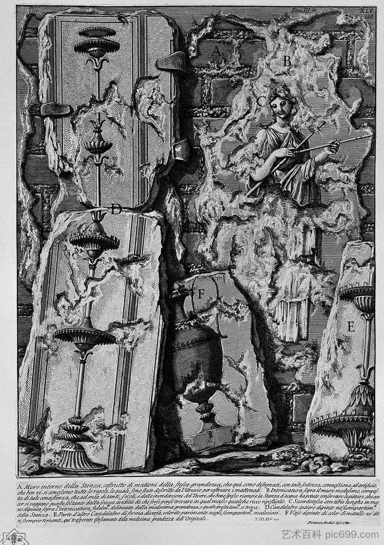 罗马古物,t. 3,图版四十六。凯乌斯·塞斯提乌斯房间金字塔的内墙。 The Roman antiquities, t. 3, Plate XLVI. Inner wall of the Pyramid of Caius Cestius`s Room.,乔瓦尼·巴蒂斯塔·皮拉内西
