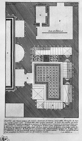 罗马古物，t. 3，图版三十八。上面墓室相邻的房间平面图。 The Roman antiquities, t. 3, Plate XXXVIII. Plan of the rooms adjoining the burial chambers above.，乔瓦尼·巴蒂斯塔·皮拉内西