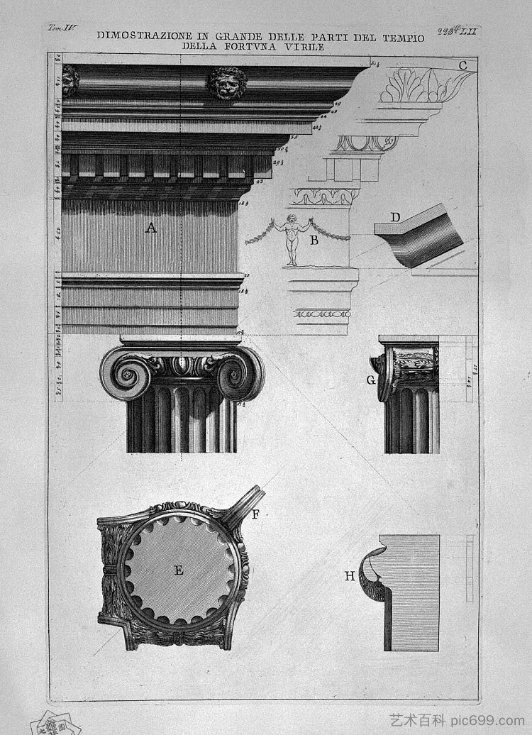 罗马古物，t. 4，图版 LII。远景财神庙的大部分地区。 The Roman antiquities, t. 4, Plate LII. Vista in large parts of the Temple of Fortuna Virile.，乔瓦尼·巴蒂斯塔·皮拉内西