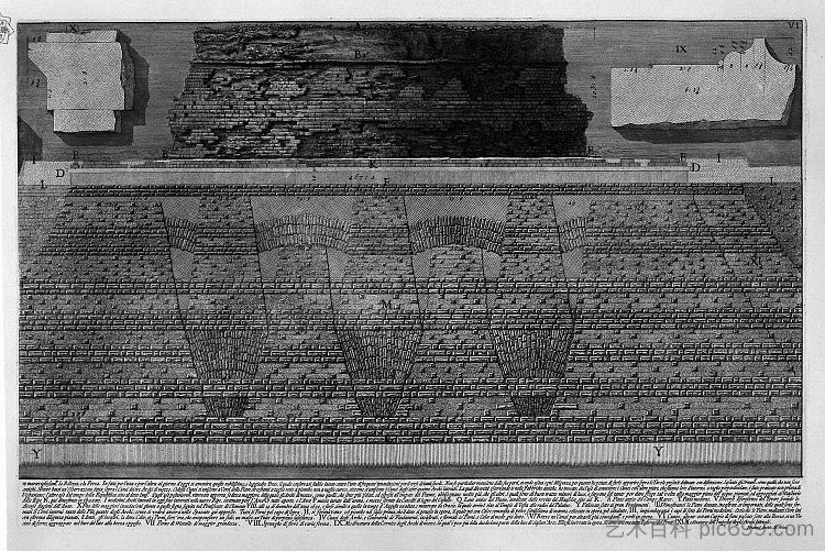 罗马古物，t. 4，图版 VI。哈德良陵墓和德埃利奥桥圣安吉洛及其地基的建筑细节。 The Roman antiquities, t. 4, Plate VI. Construction details of the Mausoleum of Hadrian and d`Elio Bridge St. Angelo and their foundations.，乔瓦尼·巴蒂斯塔·皮拉内西