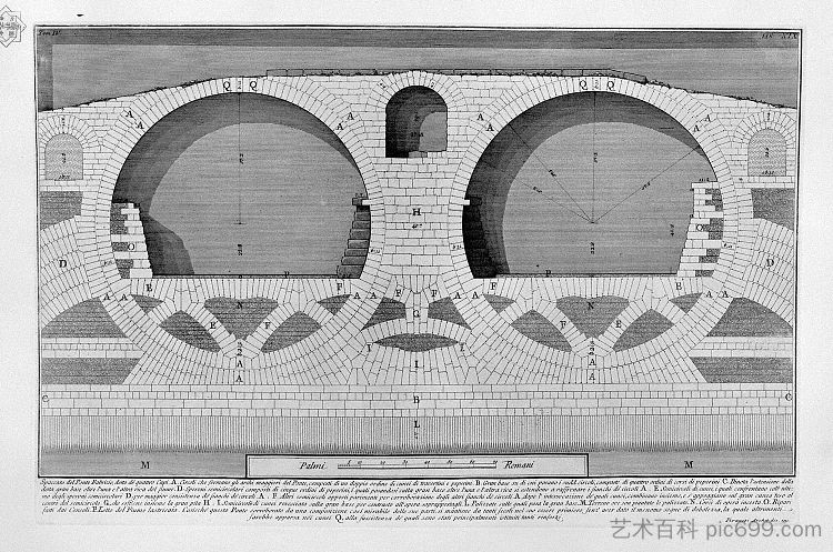 罗马古物，t. 4，图版十九。四头桥的平面图、立面图和施工细节。 The Roman antiquities, t. 4, Plate XIX. Plan, elevation and details of construction of the Bridge of Four Heads.，乔瓦尼·巴蒂斯塔·皮拉内西