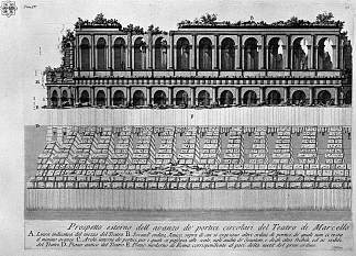 罗马古物，t. 4，图版二十八。马塞勒斯剧院圆形拱门推进的外立面。 The Roman antiquities, t. 4, Plate XXVIII. External façade of the advancement of circular arches of the Theatre of Marcellus.，乔瓦尼·巴蒂斯塔·皮拉内西