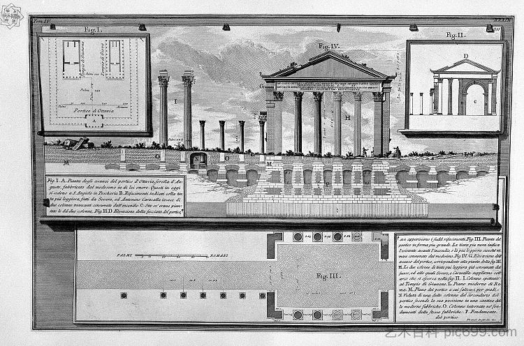 罗马古物，t. 4，图版三十九。奥塔维亚门廊遗迹的平面图和立面图。 The Roman antiquities, t. 4, Plate XXXIX. Plans and elevations of the remains of the Portico d`Ottavia.，乔瓦尼·巴蒂斯塔·皮拉内西