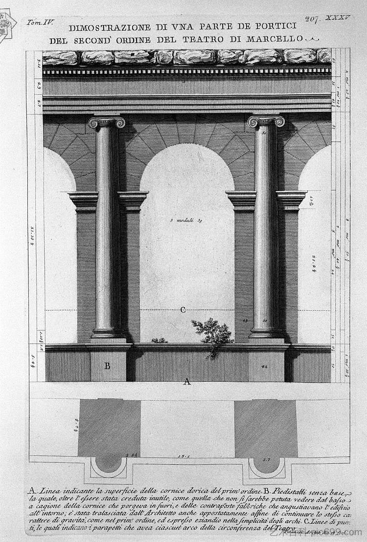 罗马古物，t. 4，图版 XXXV。第二个“马塞勒斯剧院”的一些多立克秩序的大远景。 The Roman antiquities, t. 4, Plate XXXV. Great Vista of some of the Doric order of the second `Theatre of Marcellus.，乔瓦尼·巴蒂斯塔·皮拉内西