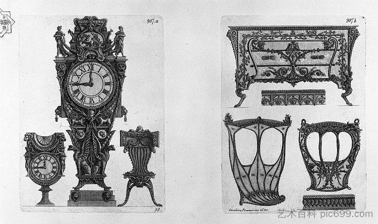 两个时钟和一把椅子 轿车的两侧和一个箱子 Two clocks and a chair Two sides of the sedan, and a chest，乔瓦尼·巴蒂斯塔·皮拉内西