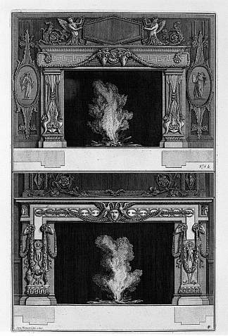 两个壁炉重叠：两只天鹅之间有美杜莎头，白羊座的支撑头 Two fireplaces overlapping: the inf with Medusa heads between two swans, with the support heads of Aries，乔瓦尼·巴蒂斯塔·皮拉内西
