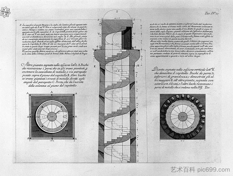 图拉真柱的垂直部分,六株植物处于不同高度,三块板在一起 Vertical section of the Trajan column, with six plants taken at various heights, three boards together,乔瓦尼·巴蒂斯塔·皮拉内西
