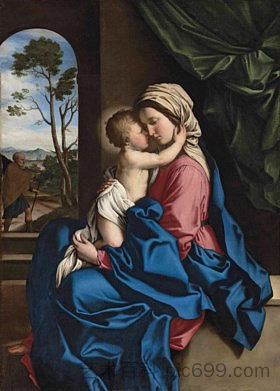 麦当娜和孩子拥抱在室内，与圣约瑟夫的风景超越 The Madonna and Child embracing in an interior, a landscape with Saint Joseph beyond，萨索费拉托