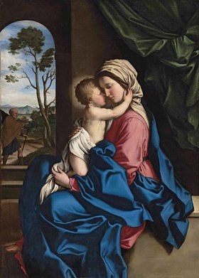 麦当娜和孩子拥抱在室内，与圣约瑟夫的风景超越 The Madonna and Child embracing in an  interior, a landscape with Saint Joseph beyond，萨索费拉托