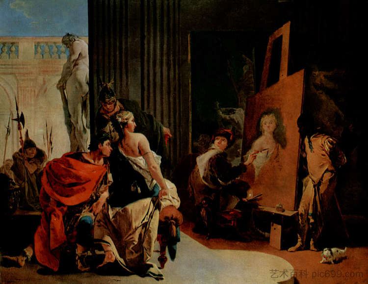 亚历山大大帝和坎帕斯佩在阿佩莱斯工作室 Alexander the Great and Campaspe in the Studio of Apelles (c.1725 - c.1726)，乔万尼·巴蒂斯塔·提埃波罗