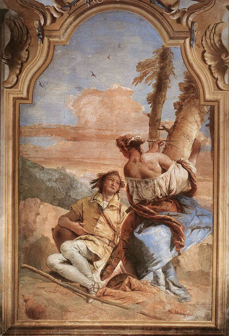 当归在树上刻下梅多罗的名字 Angelica Carving Medoro's Name on a Tree (1757)，乔万尼·巴蒂斯塔·提埃波罗