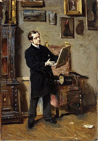 看画时的自画像 Self-portrait while looking at a painting (1865)，乔瓦尼·波尔蒂尼