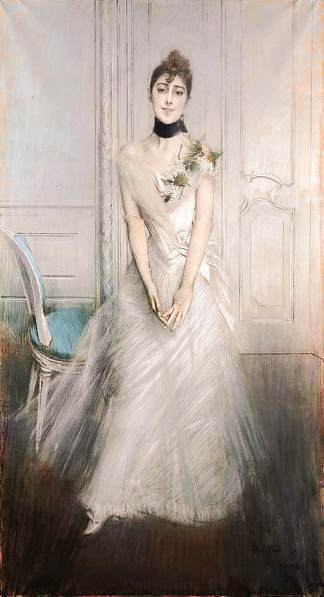 Emiliana Concha de Ossa的肖像，全长，穿着白色连衣裙 Portrait of Emiliana Concha de Ossa, full length, wearing a white dress (1888)，乔瓦尼·波尔蒂尼