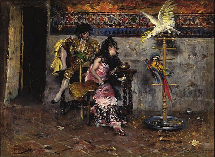 穿着西班牙连衣裙的夫妇与两只鹦鹉（斗牛士） Couple in Spanish dress with two parrots (El Matador) (1872 - 1873)，乔瓦尼·波尔蒂尼