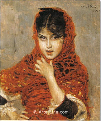 红色披肩的女孩 Girl with the red shawl (1883)，乔瓦尼·波尔蒂尼