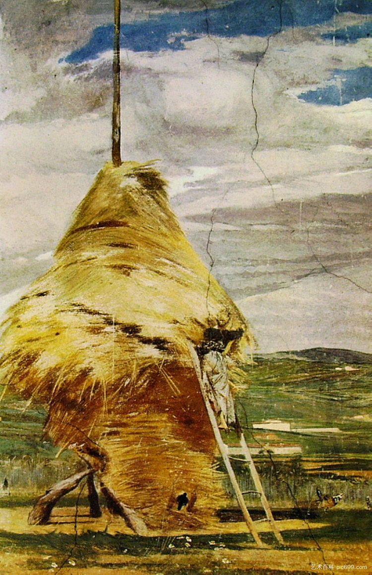 干草堆，来自别墅“La Falconiera”的第八幅壁画蛋彩画 Haystack, eighth mural tempera from the villa "La Falconiera" (1868)，乔瓦尼·波尔蒂尼