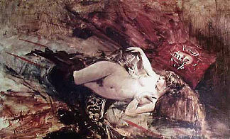 裸体年轻女子躺下黑色丝袜 Naked young woman lying down with black stockings (c.1885)，乔瓦尼·波尔蒂尼