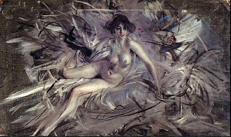 一个年轻的半躺着女人的裸体 Nude of a young semi-reclining woman，乔瓦尼·波尔蒂尼