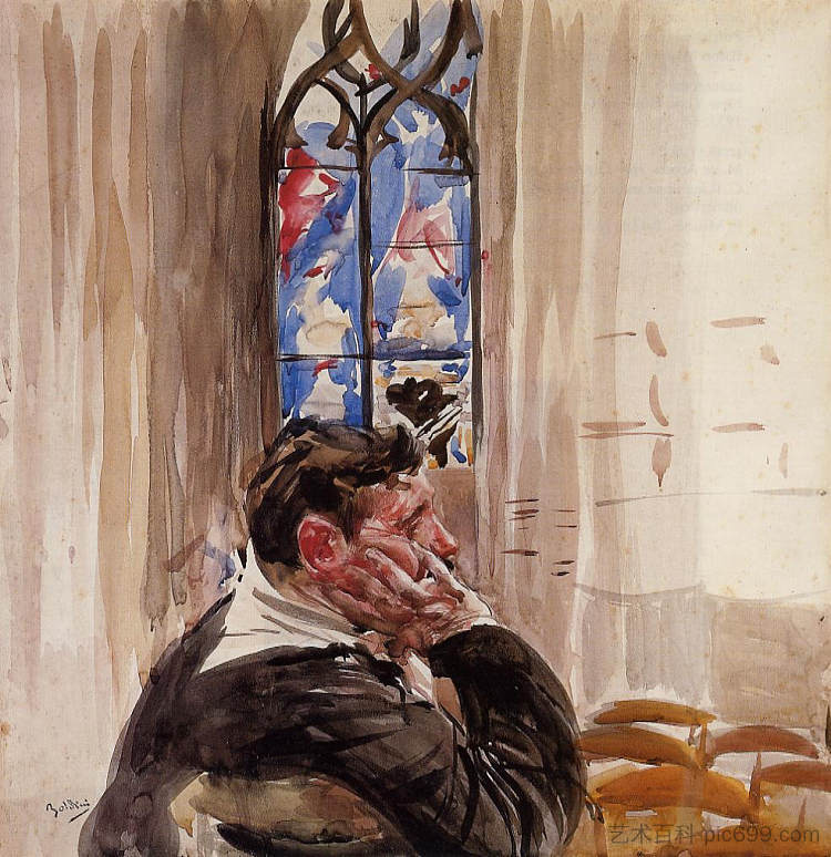 教堂里一个人的肖像 Portrait of a Man in Church (1900)，乔瓦尼·波尔蒂尼