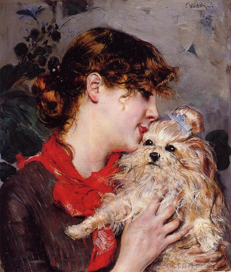 女演员雷珍和她的狗 The actress Rejane and her dog (c.1885)，乔瓦尼·波尔蒂尼