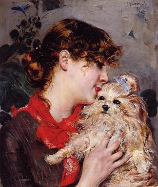 女演员雷珍和她的狗 The actress Rejane and her dog (c.1885)，乔瓦尼·波尔蒂尼