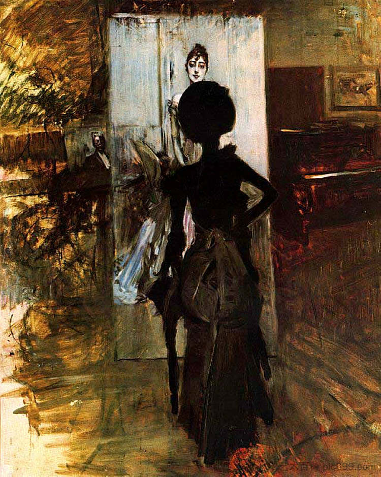 黑衣女人观看艾米莉安娜·孔查·德·奥萨的粉彩 Woman in Black who Watches the Pastel of Signora Emiliana Concha de Ossa (1888)，乔瓦尼·波尔蒂尼