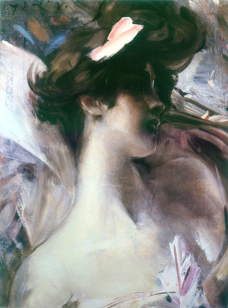 粉红色背景上的年轻女子的头 Young woman's head on a pink background (1912)，乔瓦尼·波尔蒂尼