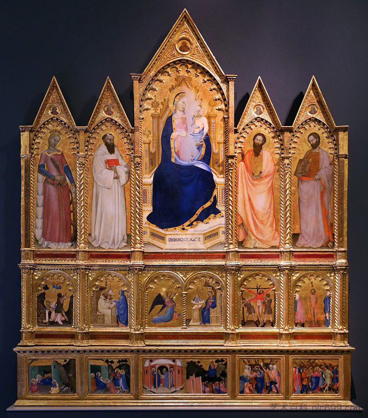 麦当娜和圣子与圣徒，圣徒和基督的故事 Madonna col bambino tra santi, storie dei santi e di Cristo (1355)，乔瓦尼（来自米兰）