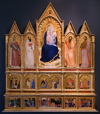 麦当娜和圣子与圣徒，圣徒和基督的故事 Madonna col bambino tra santi, storie dei santi e di Cristo (1355)，乔瓦尼（来自米兰）