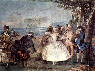 小步舞曲与潘塔龙和科隆宾，来自森林的狂欢节场景室 Minuet with Pantaloon and Colombine, from the Room of Carnival Scenes in the Foresteria (1757)，乔万尼·多米尼克·提埃波罗