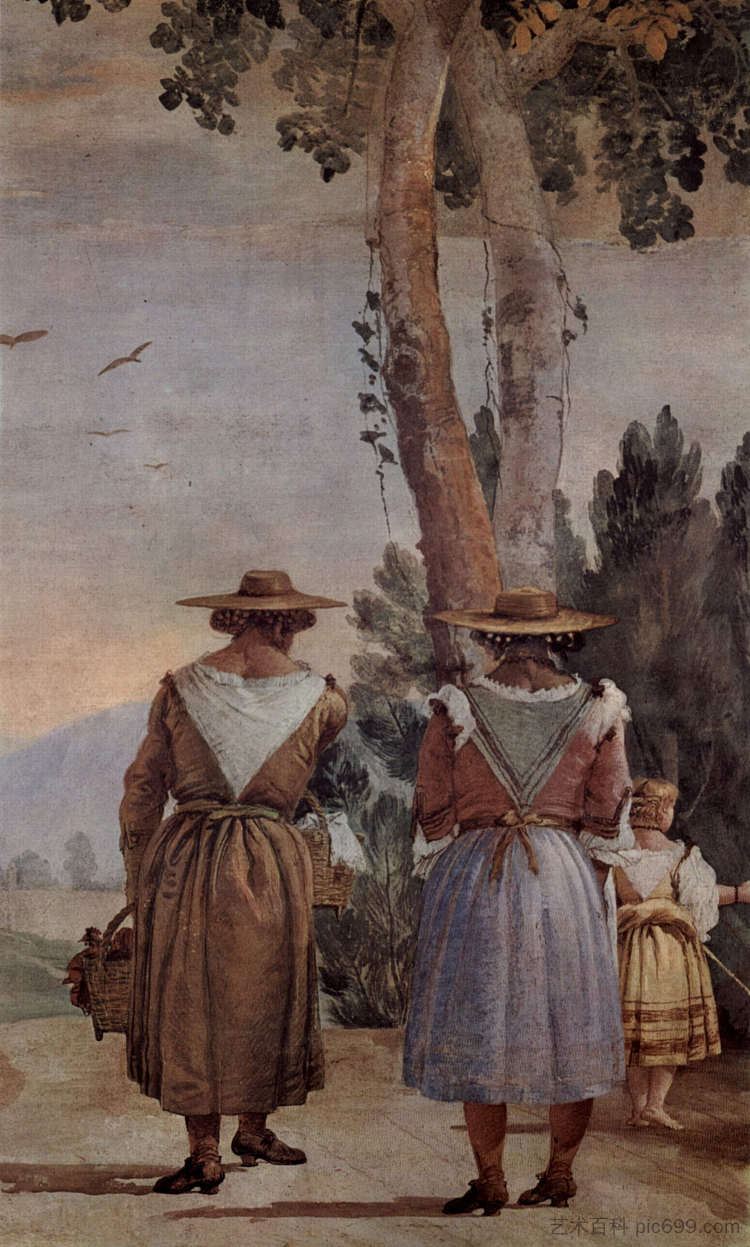 从后面看到的两个农妇和一个孩子,从“Foresteria”(宾馆) Two Peasant Women and a Child Seen from Behind, from the 'Foresteria' (Guesthouse) (1757),乔万尼·多米尼克·提埃波罗