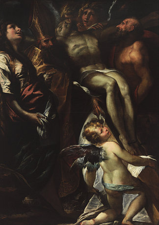 与抹大拉的圣玛丽、奥古斯丁、杰罗姆和天使一起降低十字架 The Lowering of the Cross with Sts Mary Magdalene, Augustine, Jerome and Angels (c.1618)，朱利奥·切萨雷·普罗卡奇尼