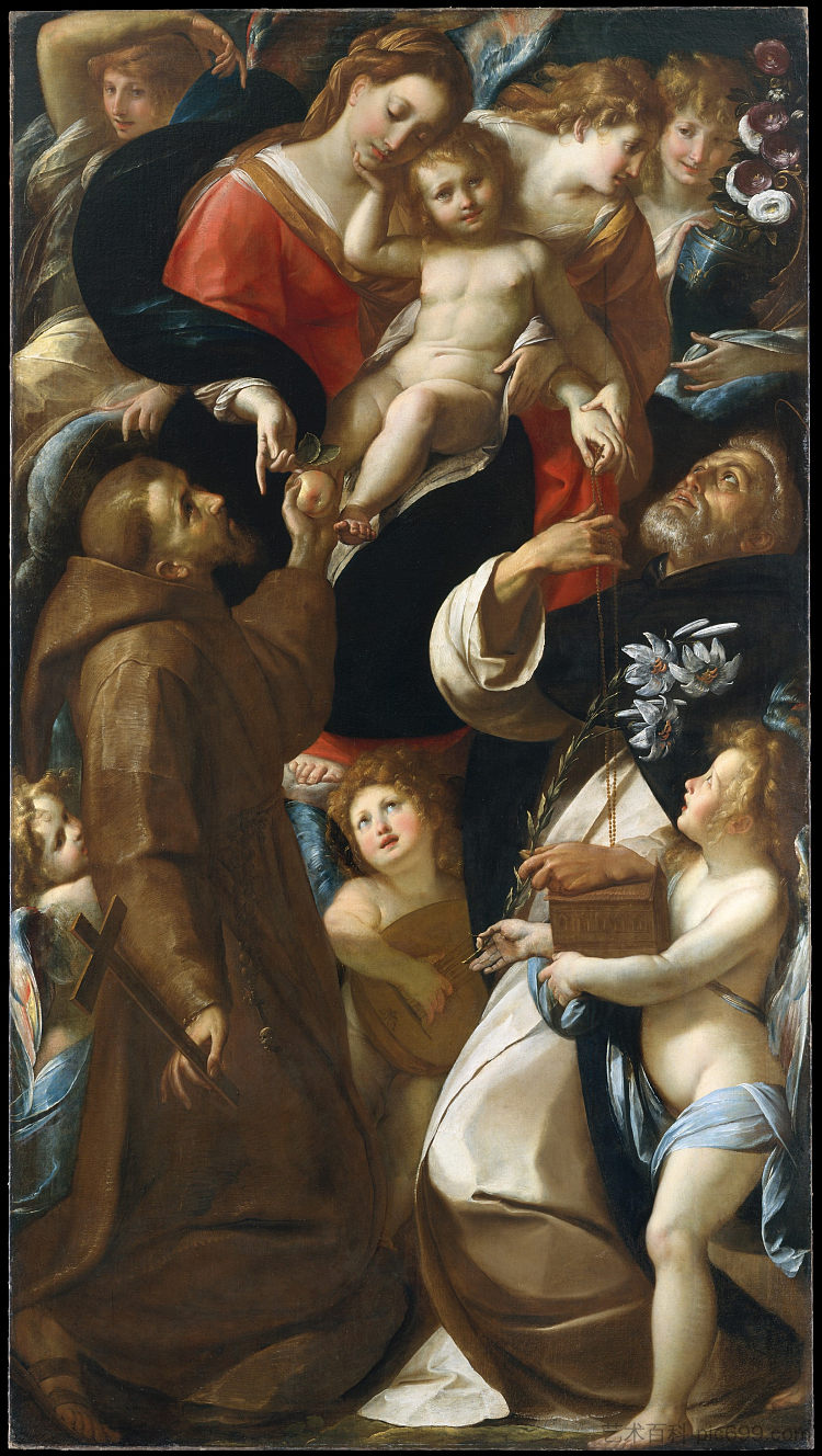 麦当娜和孩子与圣弗朗西斯和多米尼克和天使 Madonna and Child with Saints Francis and Dominic and Angels (c.1615)，朱利奥·切萨雷·普罗卡奇尼