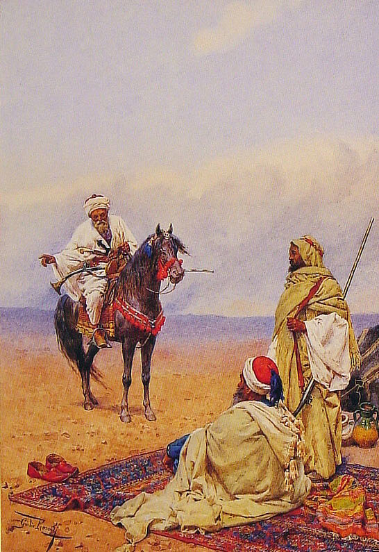 一名骑兵停在贝都因人营地前 A Horseman Stopping In Front Of A Bedouin Encampment，朱利奥·罗萨蒂