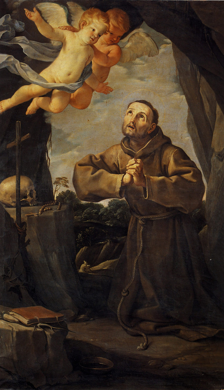 圣弗朗西斯与两个天使一起祈祷 St Francis in prayer with Two Angels (1631)，纪多·雷尼