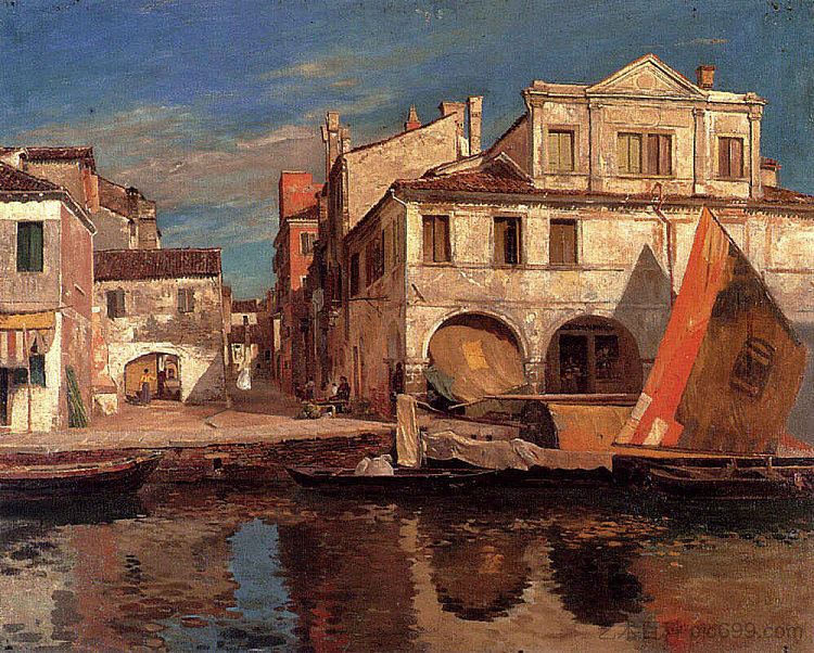 基奥贾与布拉戈佐的运河场景 Canal scene in Chioggia with Bragozzo，古斯塔夫·鲍恩费恩德