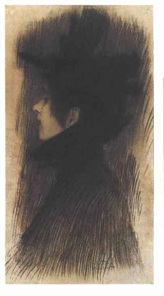 女孩与帽子和斗篷在个人资料 Girl with hat and cape in profile (1898)，古斯塔夫·克林姆特