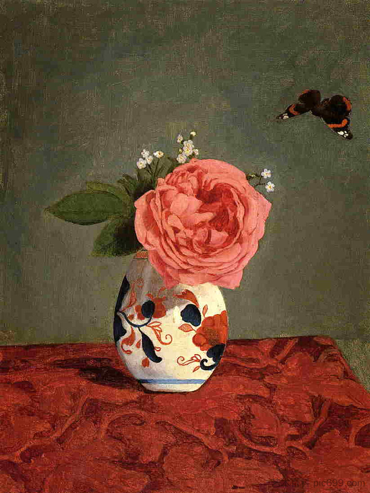 花园玫瑰和蓝色忘记我不要在花瓶里 Garden Rose and Blue Forget Me Nots in a Vase (c.1871 - c.1878),古斯塔夫·卡里伯特