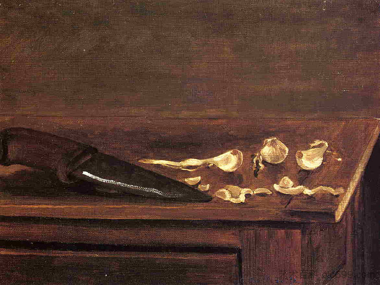 桌子角落里的蒜瓣和刀 Garlic Cloves and Knife on the Corner of a Table (c.1871 - c.1878)，古斯塔夫·卡里伯特