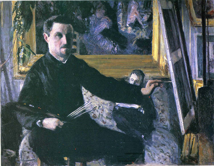 带画架的自画像 Self-Portrait with an Easel (c.1879 - c.1880)，古斯塔夫·卡里伯特