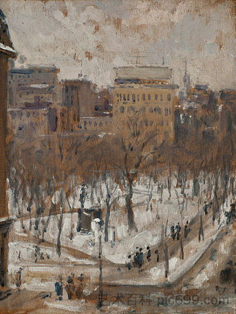 巴黎广场，下雪天气 Square in Paris, Snowy Weather (c.1887 - c.1888)，古斯塔夫·卡里伯特