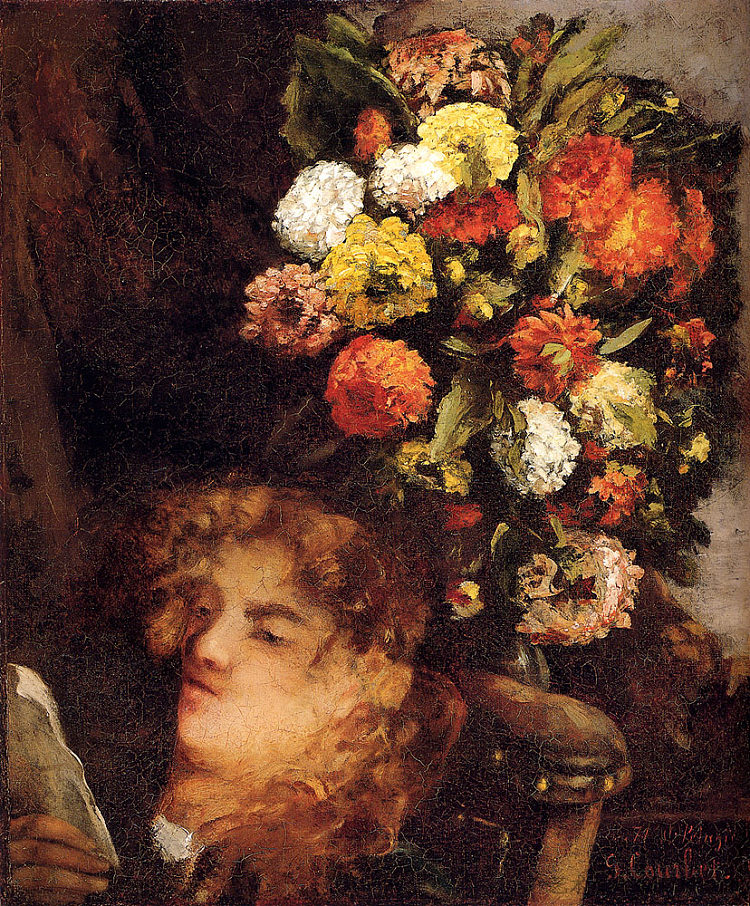 一个有花的女人的头 Head of a Woman with Flowers (1871)，古斯塔夫·库尔贝