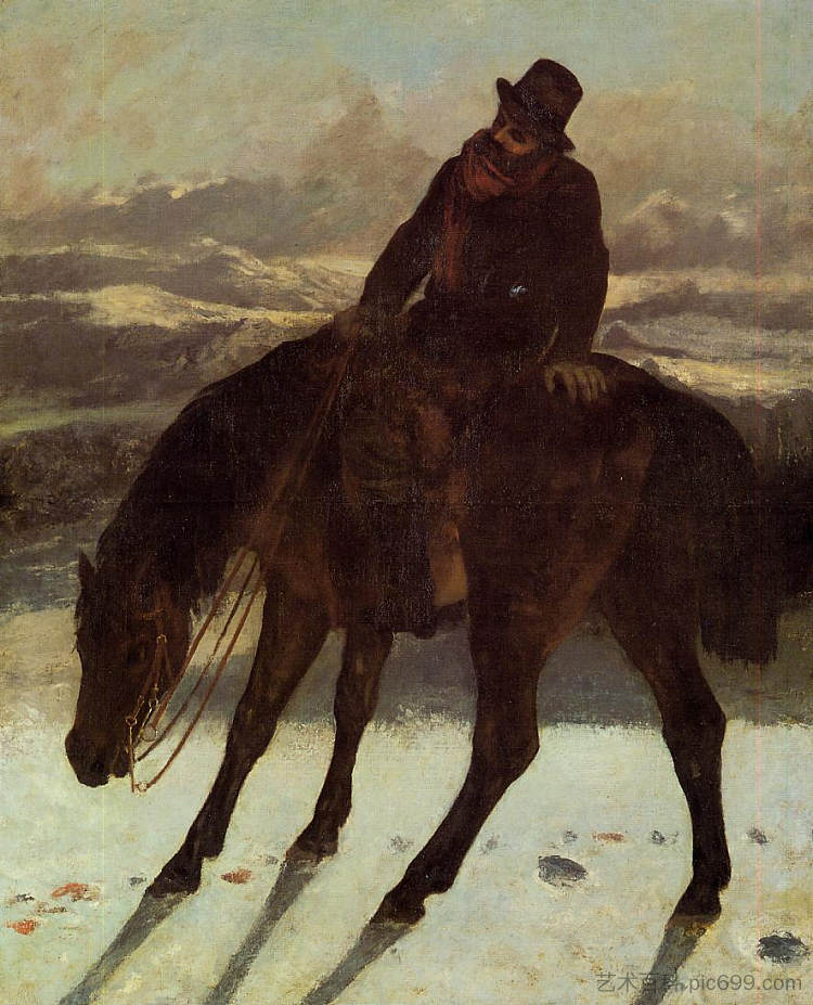 马背上的猎人，红小径 Hunter on Horseback, Redcovering the Trail (1864)，古斯塔夫·库尔贝